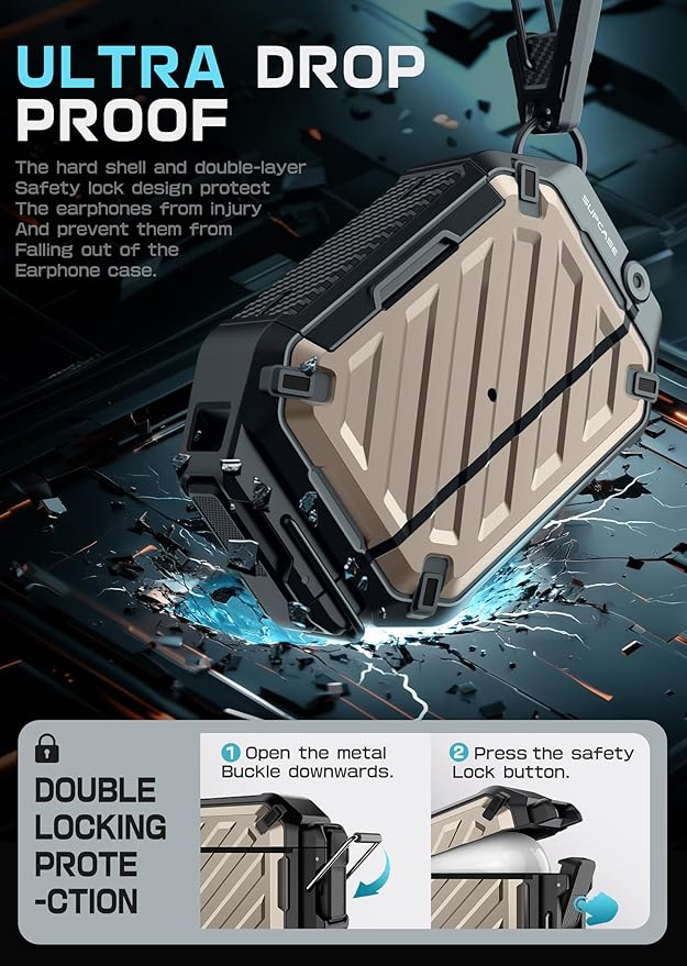 SUPCASE for AirPods Pro 3 Case with Lock & Carabiner, [IP68 Waterproof] [Military-Grade Protection] [Supports Wireless Charging] Anti-Scratch Hard Shell Cover for AirPods Pro 3rd Gen, Desert