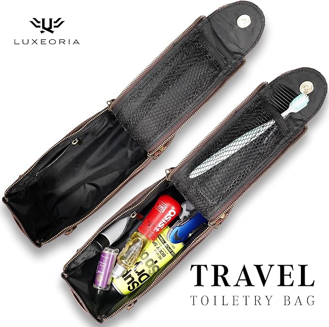 LUXEORIA Genuine Leather Toiletry Bags for Men and Women, Handmade Premium Leather Dopp Kit and Shaving Bag, Cosmetic Bag for Womens and Mens, Travel Essentials & Organizers