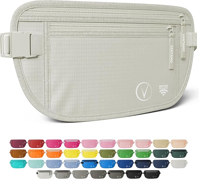 Vantamo Money Belt with RFID For Men & Women, Hidden Passport Holder for Travel, 2 Compartment Travel Fanny Pack for Women Anti Theft