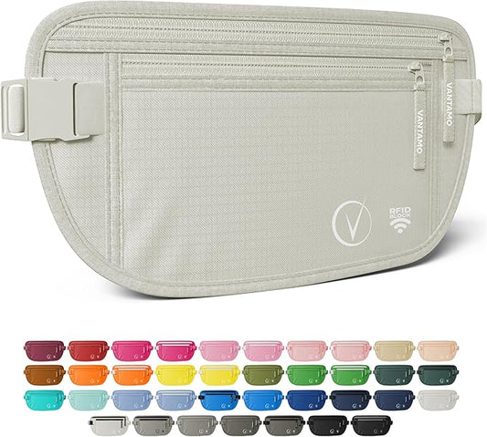 Vantamo Money Belt with RFID For Men & Women, Hidden Passport Holder for Travel, 2 Compartment Travel Fanny Pack for Women Anti Theft