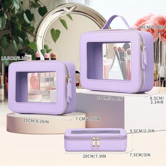 Pinkmik Clear Makeup Bag with Brush Bag 3pcs Waterproof Travel Case for Cosmetics and Toiletries Women's Makeup Organizer with Zipper (X/Purple, L+M+SLIM)