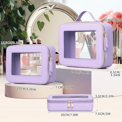 Pinkmik Clear Makeup Bag with Brush Bag 3pcs Waterproof Travel Case for Cosmetics and Toiletries Women's Makeup Organizer with Zipper (X/Purple, L+M+SLIM)