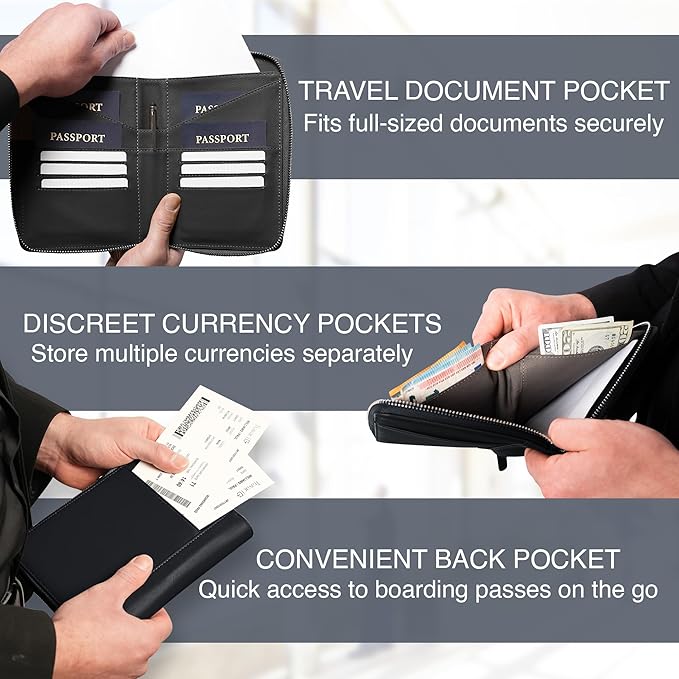 Full Grain Leather Family Passport Holder for 4 Passports - RFID Passport Holder and Travel Document Organizer - Large Leather Travel Wallet for Families - Black