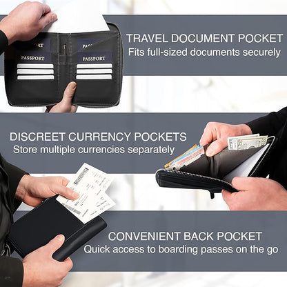 Full Grain Leather Family Passport Holder for 4 Passports - RFID Passport Holder and Travel Document Organizer - Large Leather Travel Wallet for Families - Black