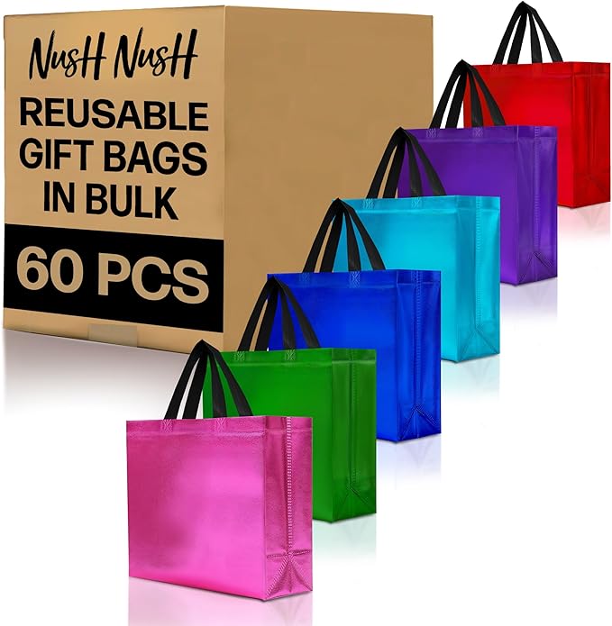 Nush Nush Mix Color Bulk Gift Bags Large Size– Set of 60 Reusable Gift Bags With Handles with 6 Glossy Vibrant Colors - Perfect Large Goodie Bag for Small Business, Christmas, Events – 13x5x11
