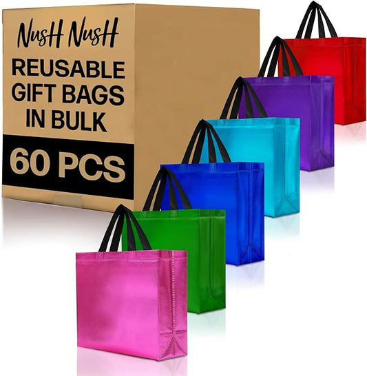 Nush Nush Mix Color Bulk Gift Bags Large Size– Set of 60 Reusable Gift Bags With Handles with 6 Glossy Vibrant Colors - Perfect Large Goodie Bag for Small Business, Christmas, Events – 13x5x11