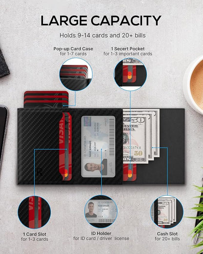 Mens Wallet Card Holder - Smart Wallet for Men, Pop Up Card Case, Top Grain Leather, RFID Blocking, Slim, Minimalist, Ultra-Thin, Front Pocket, 12 Card Capacity | ID Window | Cash Slot (Carbon Fiber)