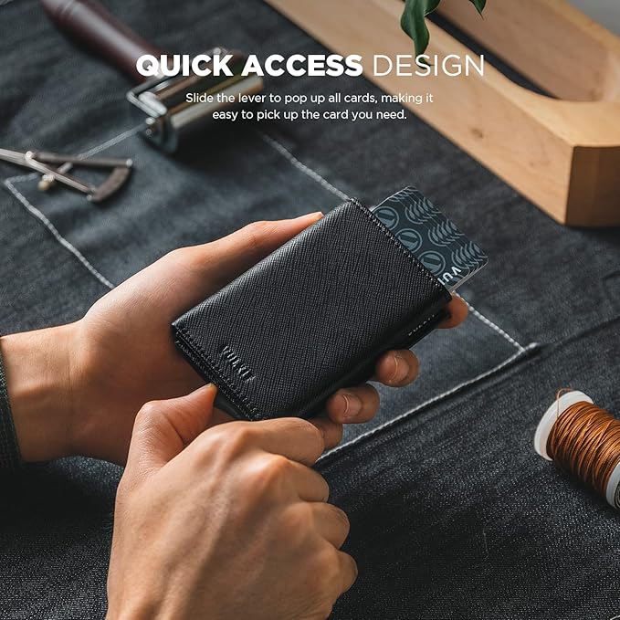 VULKIT Pop up Card Wallet Minimalist Cash Wallets RFID Blocking Leather Smart Credit Card Holder with ID window for Men(Cross Black)