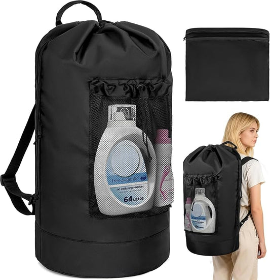Laundry Bag Backpack with Shoulder Straps and Mesh Pocket Foldable Clothes Hamper Bag with Drawstring Closure for College, Apartment, Laundromat (Black)