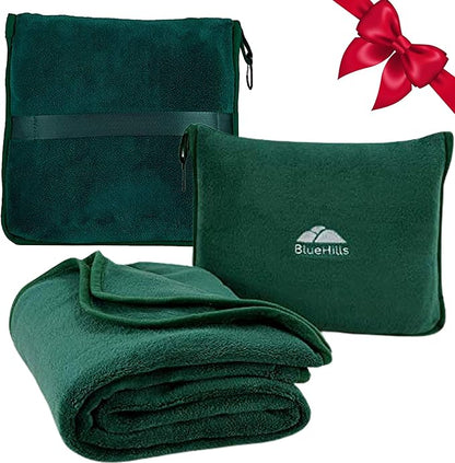 BlueHills Premium Soft Travel Blanket Pillow Airplane Flight Blanket Throw in Soft Bag Pillowcase Compact Pack Large Comfort for Travel Green (Dark Green T010)