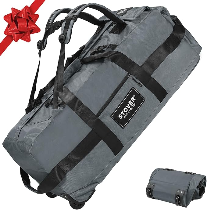 STOVER 80L Rolling Duffel Bag with Wheels, Extra Large 31 Inch Durable Travel Duffle Bag- Rugged, Collapsible, Rollable Design w/Shoulder Straps- Use as Luggage or Backpack for Men/Women (Grey)