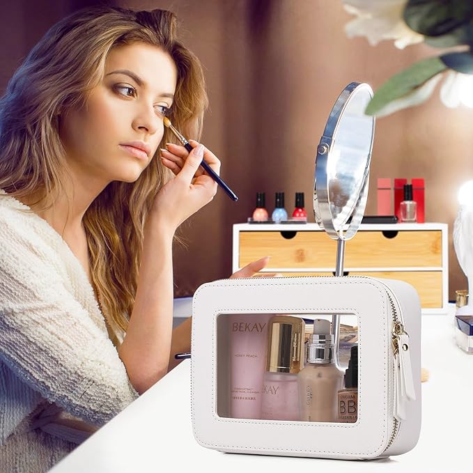 Pinkmik Clear Makeup Bag Waterproof Travel Case for Cosmetics and Toiletries Women's Purse Organizer and Clear Car Bag with Zipper (White, M+MINI)