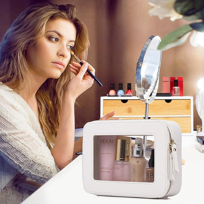 Pinkmik Clear Makeup Bag Waterproof Travel Case for Cosmetics and Toiletries Women's Purse Organizer and Clear Car Bag with Zipper (White, M+MINI)