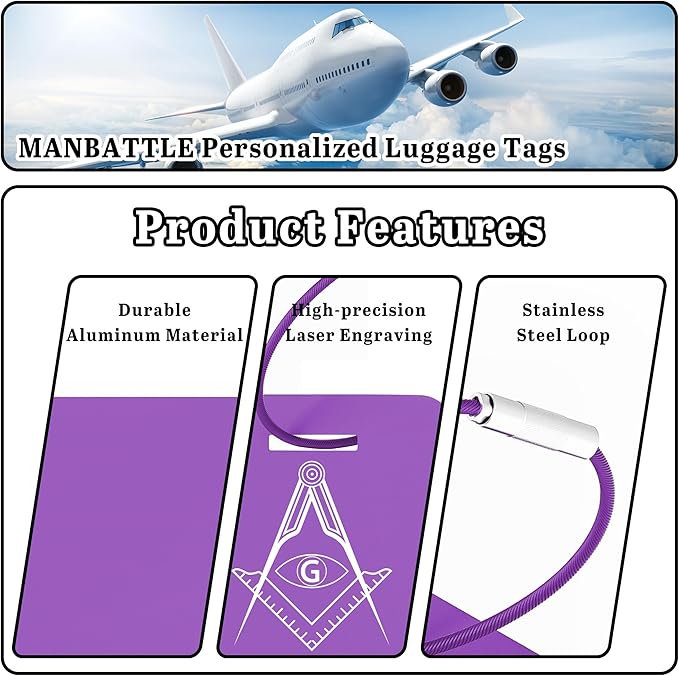 4 PCS Personalized Luggage Tags for Suitcases, Custom Aluminum Luggage Tags for Bags and Backpacks, Waterproof & Heavy Duty Personalized Metal Name Tags for Travel (Purple)