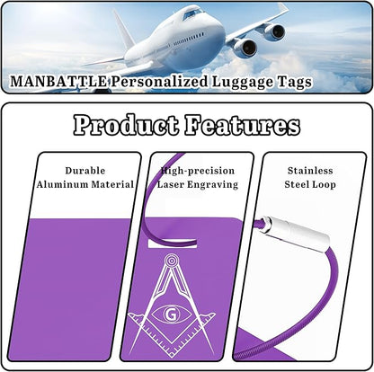 4 PCS Personalized Luggage Tags for Suitcases, Custom Aluminum Luggage Tags for Bags and Backpacks, Waterproof & Heavy Duty Personalized Metal Name Tags for Travel (Purple)