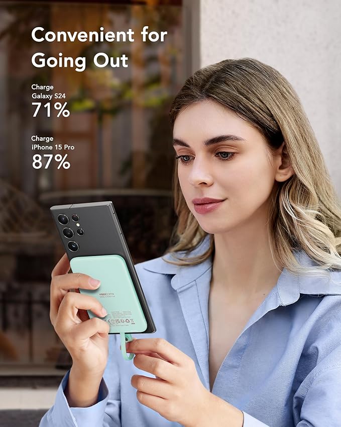 VEEKTOMX Slim Portable Charger, 5000mAh Lightweight Power Bank with Wired USB C Cable, Ultra Thin Battery Pack Compatible with iPhone 15/Plus/Pro/Pro Max/Samsung/Android(Non-Wireless Charging), Blue