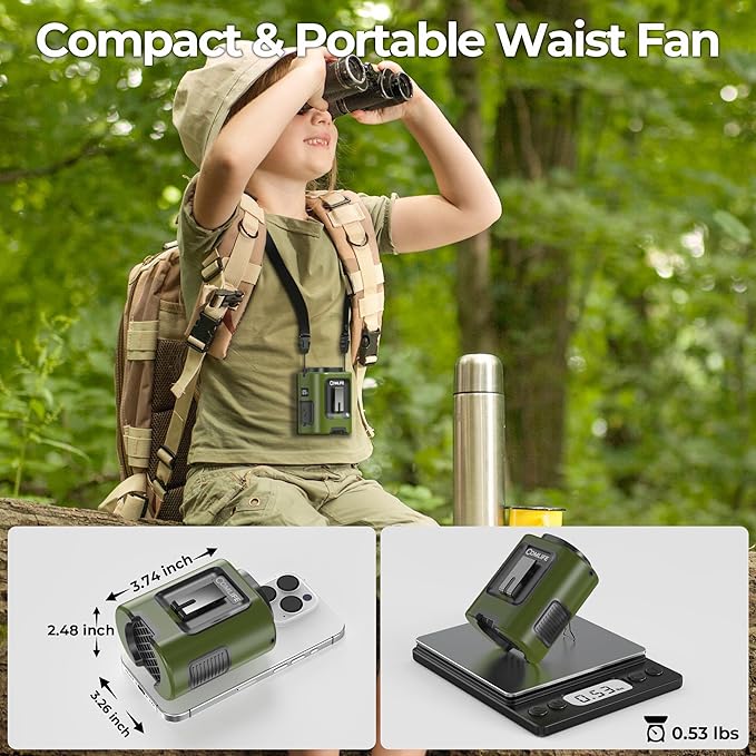 Portable Mini Waist Fan - Personal Wearable Clip on Belt Fan, Rechargeable Battery Operated, Max 25H Cooling,4 Speeds 13000RPM Turbo Hands-Free Shirt Neck Fan for Outdoor Jobsite Camping Traveling