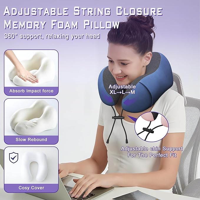 Neck Travel Pillow, Upgraded Memory Foam Pillow for Airplane, Machine Washable, Adjustable Flight Pillow, Suitable for Sleeping Airplane, Car, Office and Home (Dark Blue)