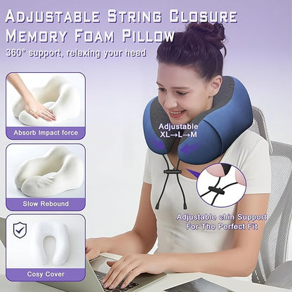 Neck Travel Pillow, Upgraded Memory Foam Pillow for Airplane, Machine Washable, Adjustable Flight Pillow, Suitable for Sleeping Airplane, Car, Office and Home (Dark Blue)