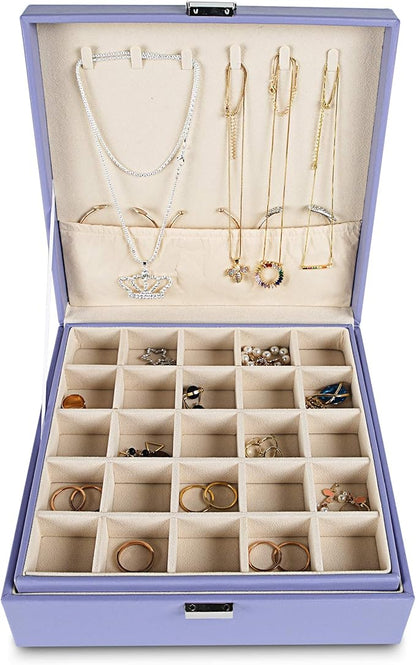 Frebeauty Earring Organizer Classic Jewelry Box 50 Slots Double Layer Jewelry Storage Case with 6 Necklace Hook and Bracelet Pocket(Purple)