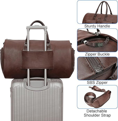 Modoker Convertible Leather Garment Bag, Carry on Garment Bags for Travel Waterproof Garment Duffel Bag Gifts for Men Women Business - 2 in 1 Hanging Suitcase Suit Travel Bags in Brown