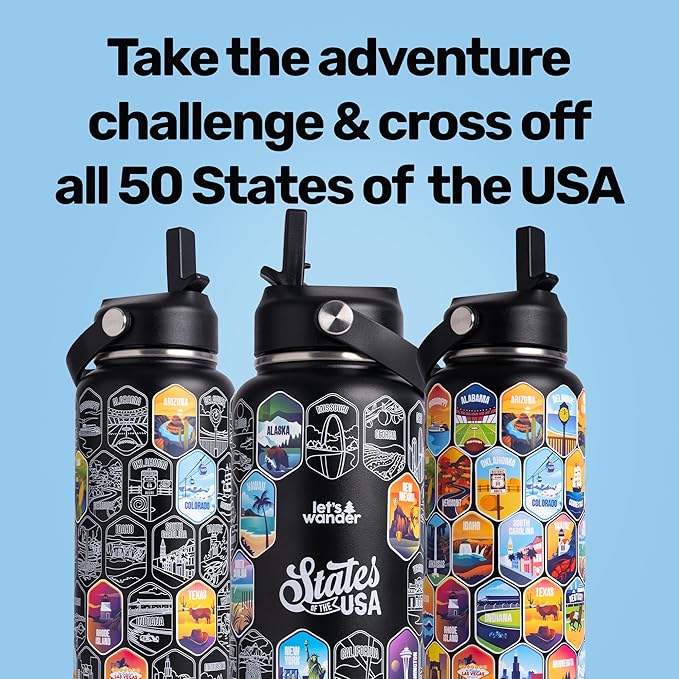 LET'S WANDER 50 States Water Bottle with Waterproof Stickers - 32oz Leakproof Insulated Stainless Steel with Straw - States of the USA Gift Bottle (Black)