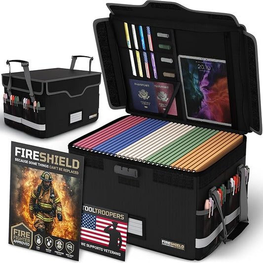 FIRESHIELD PRO 5200°F Fireproof Document Box with Lock – Portable Water Resistant File Organizer for Hanging/Legal Folders – Safe Storage for Home, Office or Travel – Black, Size: 16.1" x 12.9" x 11"