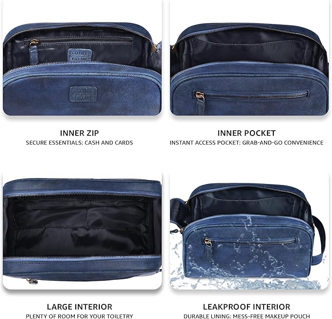 LEATHER VILLAGE Premium Leather Toiletry Travel Pouch With Waterproof Lining - Blue | King-Size Handcrafted Vintage Dopp Kit Bag, Shaving & Bathroom Organizer, Gift for Men & Women