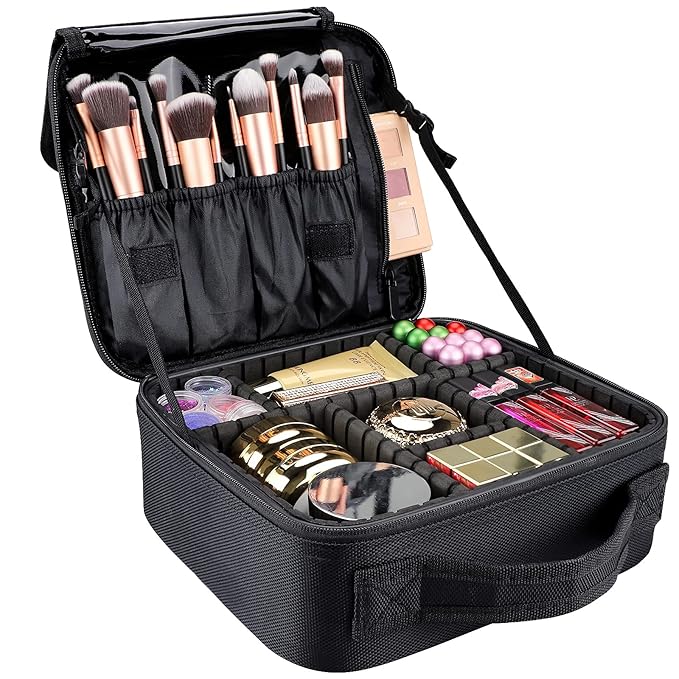 gzcz Travel Makeup Bag,Portable Makeup Case for Women,Professional Cosmetic Train Case Organizer Artist Storage Bag With Adjustable Dividers Brushes Toiletry Jewelry Digital Accessories