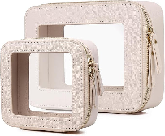 Pinkmik Clear Makeup Bag Waterproof Travel Case for Cosmetics and Toiletries Women's Purse Organizer and Clear Car Bag with Zipper (Beige, M+MINI)