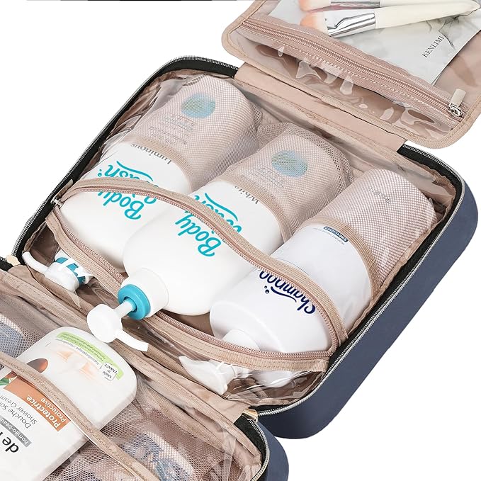 NISHEL Travel Toiletry Bag for women, Portable Hanging Organizer for Family-Sized Shampoo, Conditioner, Brushes Set, Makeup Accessories, Extra Large Size, Aegean-Blue