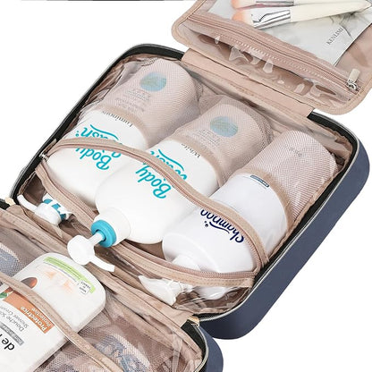 NISHEL Travel Toiletry Bag for women, Portable Hanging Organizer for Family-Sized Shampoo, Conditioner, Brushes Set, Makeup Accessories, Extra Large Size, Aegean-Blue