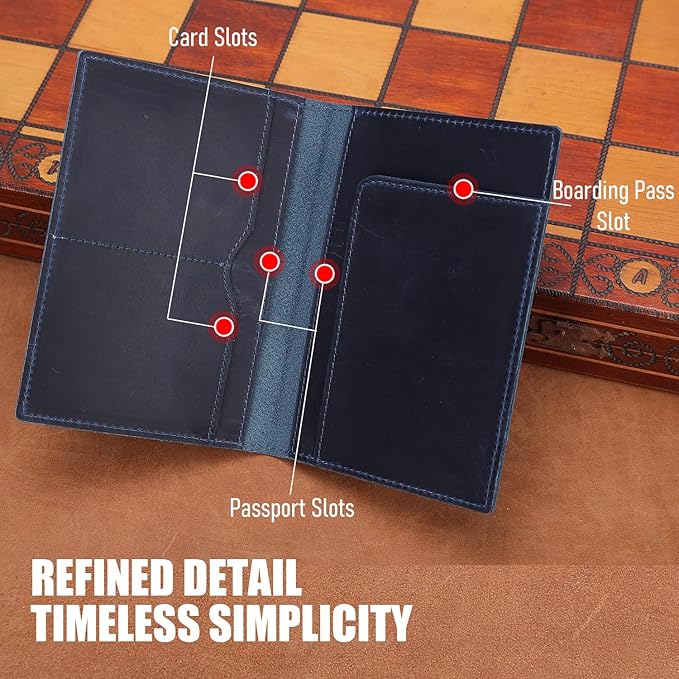 STAR VISTA Albatross Leather Travel Passport Holder, Minimalist Design, Full Grain Leather Case for Women and Men - Slim Passport Wallet, Bifold, RFID Blocking, Navy Blue