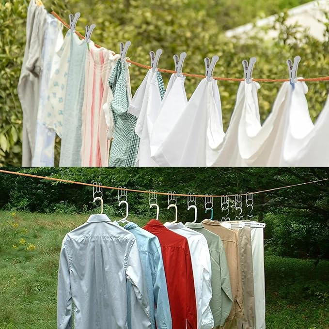 32Ft Portable Travel Clothesline Caudblor Adjustable Camping Clothes Laundry Drying Rope for Hotel Trip, Cruise, Outdoor/Indoor with 10 Windproof Clips, 10 Clothespins, 1 Storage Bag（Blue）