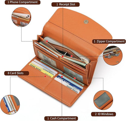 RFID Blocking Genuine Leather Wallet for Men and Women Large Capacity Phone and Credit Card Holder Organizer Purse (Light Brown)