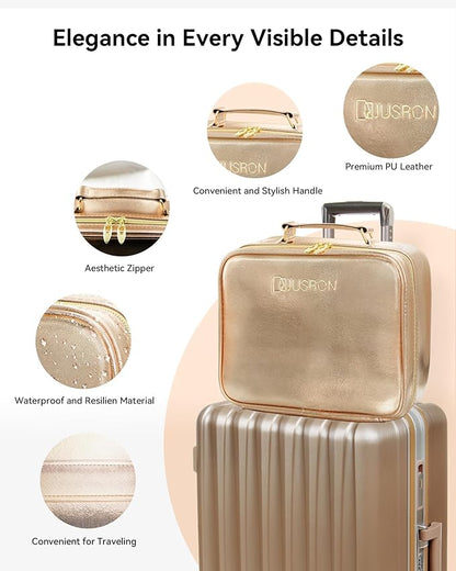 JUSRON Travel Makeup Bag With LED Mirror, Cosmetic Train Case with Light up Mirror, Portable Makeup Artist Organizer Bag with Adjustable Dividers, Makeup Brush Holder Storage (Rose Gold, Large)