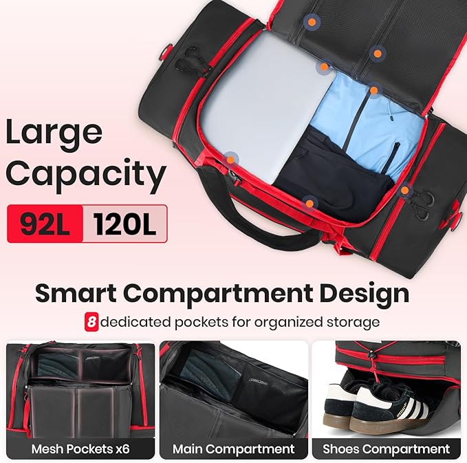 Fanwoli 85L 100L Large Rolling Duffle Bag with Shoes Compartment, 30’’ Expandable & Foldable Heavy Duty Water Resistant Travel Backpack, Convertible Foldable Duffel for Gym Camping Weekender