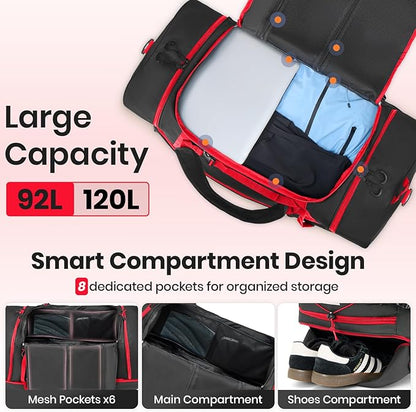 Fanwoli 92L 120L Large Rolling Duffle Bag with Shoes Compartment, 30’’ Expandable & Foldable Heavy Duty Water Resistant Travel Backpack, Convertible Foldable Duffel for Gym Camping Weekender