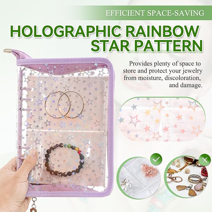 Jewelry Organizer Storage Case Travel Clear Earring Organizer Case Transparent Jewelry Storage Book with Small Clear Zippered Pouch (Purple, with 48 Pcs large Jewelry Pouches)