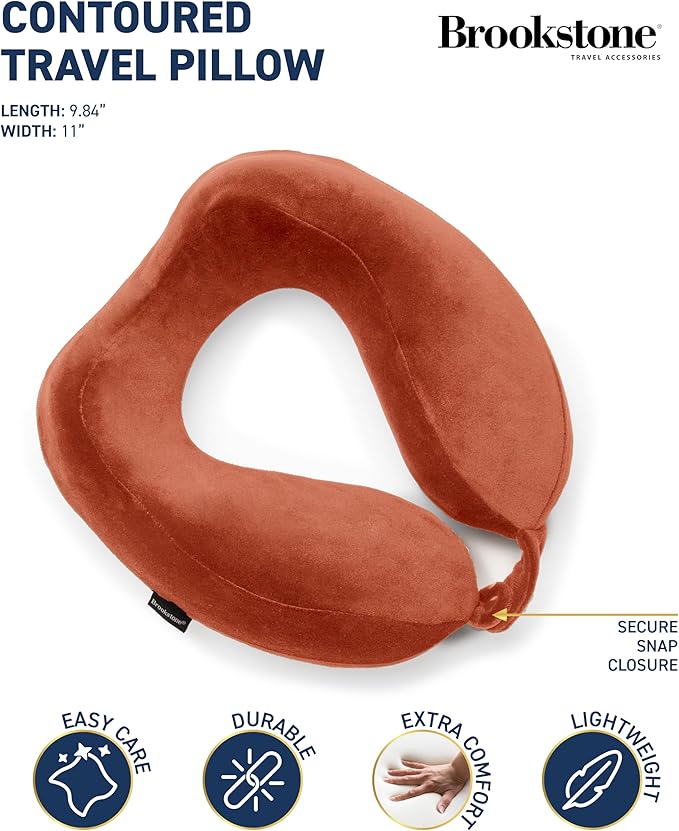 Brookstone Neck Travel Pillow - Lightweight Contoured Memory Foam Stuffable Travel Neck Pillow for Sleeping, Car, & Airplane, Size One Size, Terra Cotta