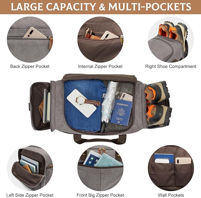 S-ZONE Canvas Duffel Bag for Travel 45L Weekender Overnight Travel Bags with Shoes Compartment for Men