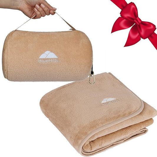 BlueHills Travel Blanket Pillow Rolled Premium Soft Plush Airplane Throw Traveler Essentials Gift Compact in a Bag 70X48 inches Long Car Plane Flight Portable Beige R06