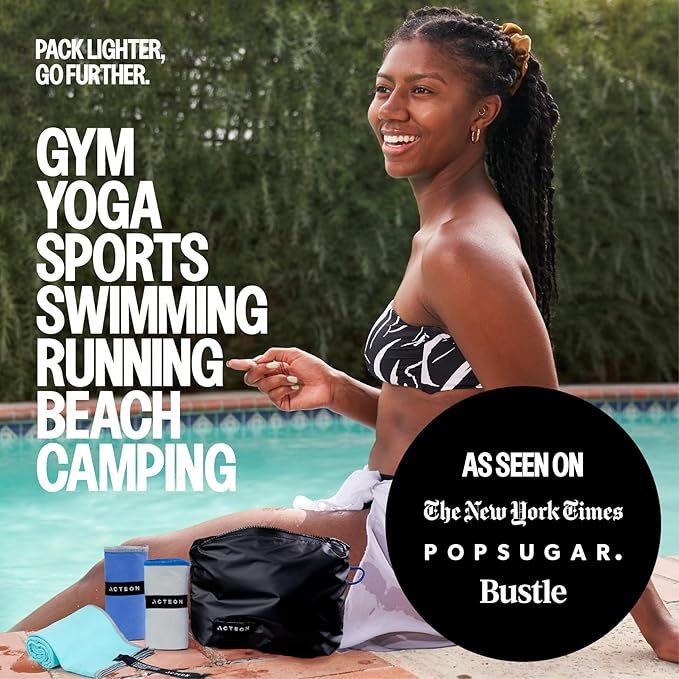 Acteon Microfiber Travel Towel & Wet Bag Set, Large Quick Dry Silver ION Odor-Free Mega Absorbent Fiber, Fast Drying Men & Women for Body Sweat, Beach, Pool, Camping, Gym