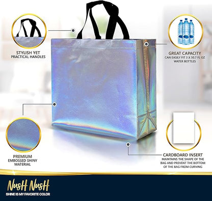 Nush Nush Set of 30 Large Iridescent Gift Bags in Bulk - Big Holographic Reusable Gift Bags With Black Handles - For Small Business, Gifting Events, Christmas, Birthdays - 13Wx5Dx11H Size