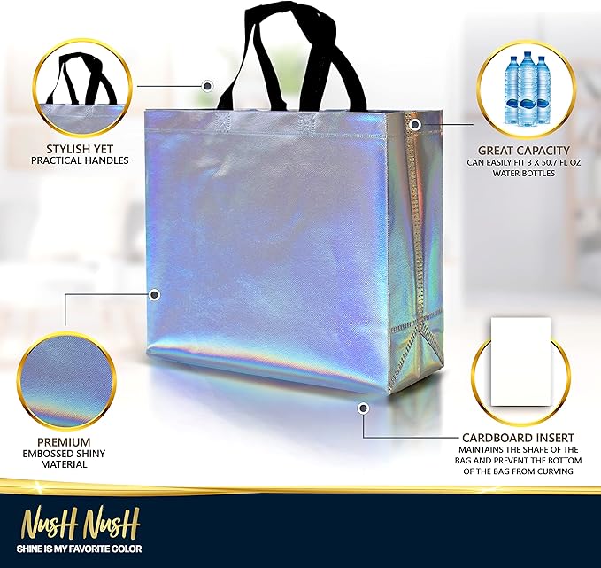 Nush Nush Set of 60 Large Iridescent Gift Bags in Bulk - Big Holographic Reusable Gift Bags With Black Handles - For Small Business, Gifting Events, Christmas, Birthdays - 13Wx5Dx11H Size
