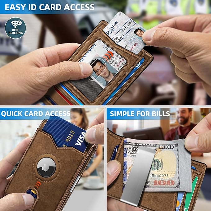 Airtag Wallet for Men,with Money Clip 11 Cards Slim Front Pocket Leather RFID Blocking Wallet with Gift Box