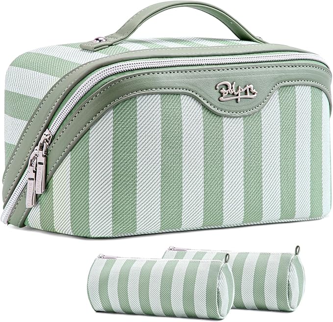 BOYATU Travel Makeup Bag for Women: Large Cosmetic Bag Set of 3 - PU Leather Make up Bag with Compartments - Compact Waterproof Toiletry Bag with Divider & Handle (B-3-Green)