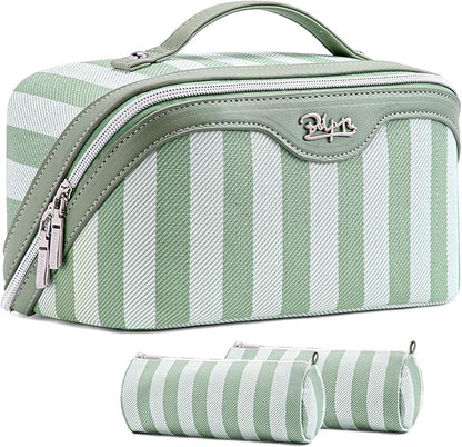 BOYATU Travel Makeup Bag for Women: Large Cosmetic Bag Set of 3 - PU Leather Make up Bag with Compartments - Compact Waterproof Toiletry Bag with Divider & Handle (B-3-Green)