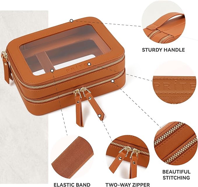 Prite Large Clear Makeup Bag Double Layer Makeup Bag for Women Travel Toiletry Bag Cosmetic Train Case with a Separate Brush Compartment for Car Essentials(Brown)