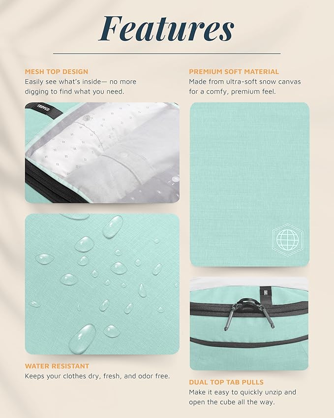 Compression Packing Cubes for Travel by TRIPPED – 6-Piece Premium Set with Laundry & Shoe Bag, Space Saving Travel Organizer Bags for Suitcase & Carry-On Luggage (Dusty Teal Mesh)